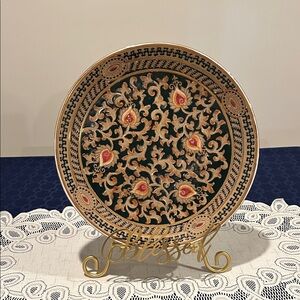 Oriental Green and Gold Hand-Painted Ceramic Plate diameter 12 inches